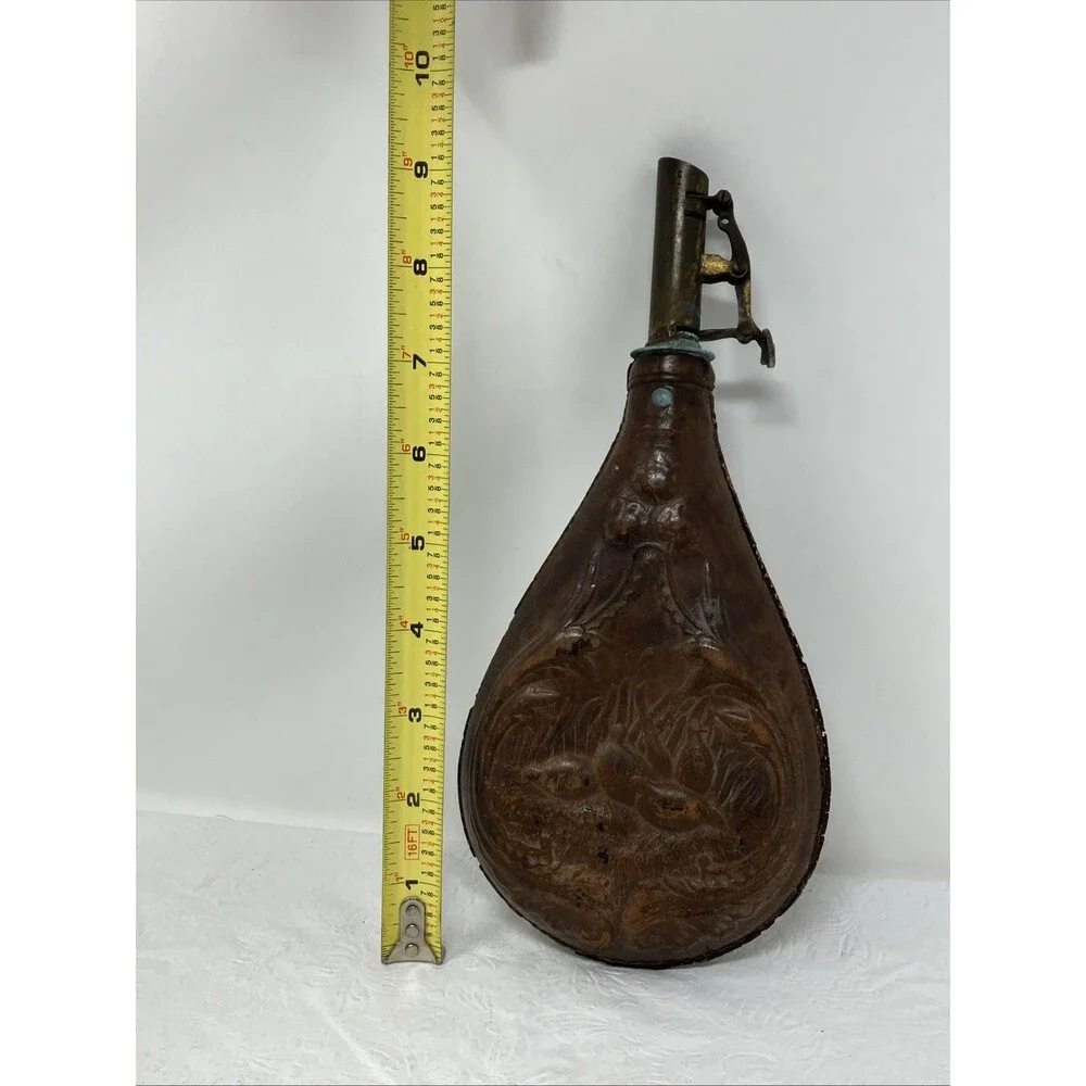 Antique Leather Gunpowder Pouch FLAWED Quail Pheasant Design w metal top VTG